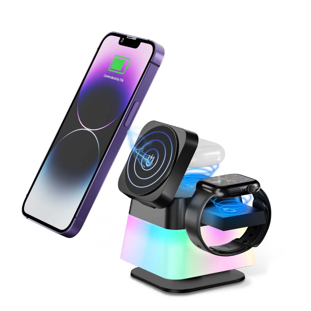 4-in-1 Rotatable Wireless Charger Stand with Colorful Lighting - 15W Fast Charging Station