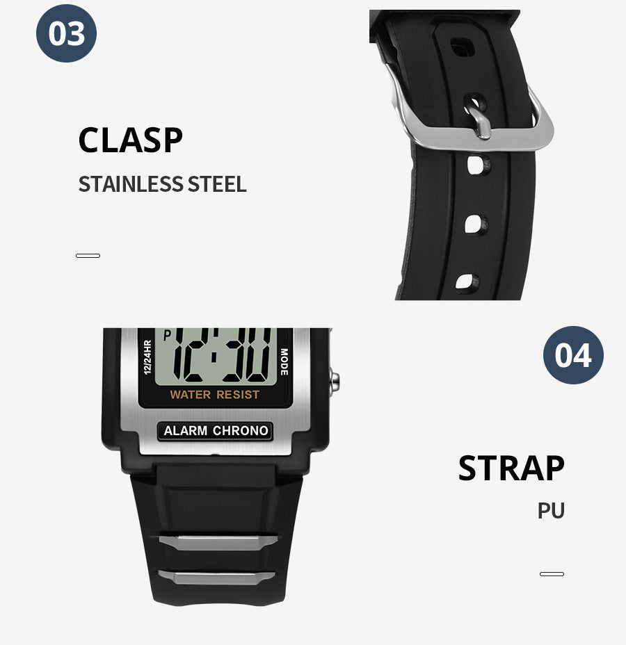 Men's Retro Rectangular Sports Waterproof Luminous Electronic Watch