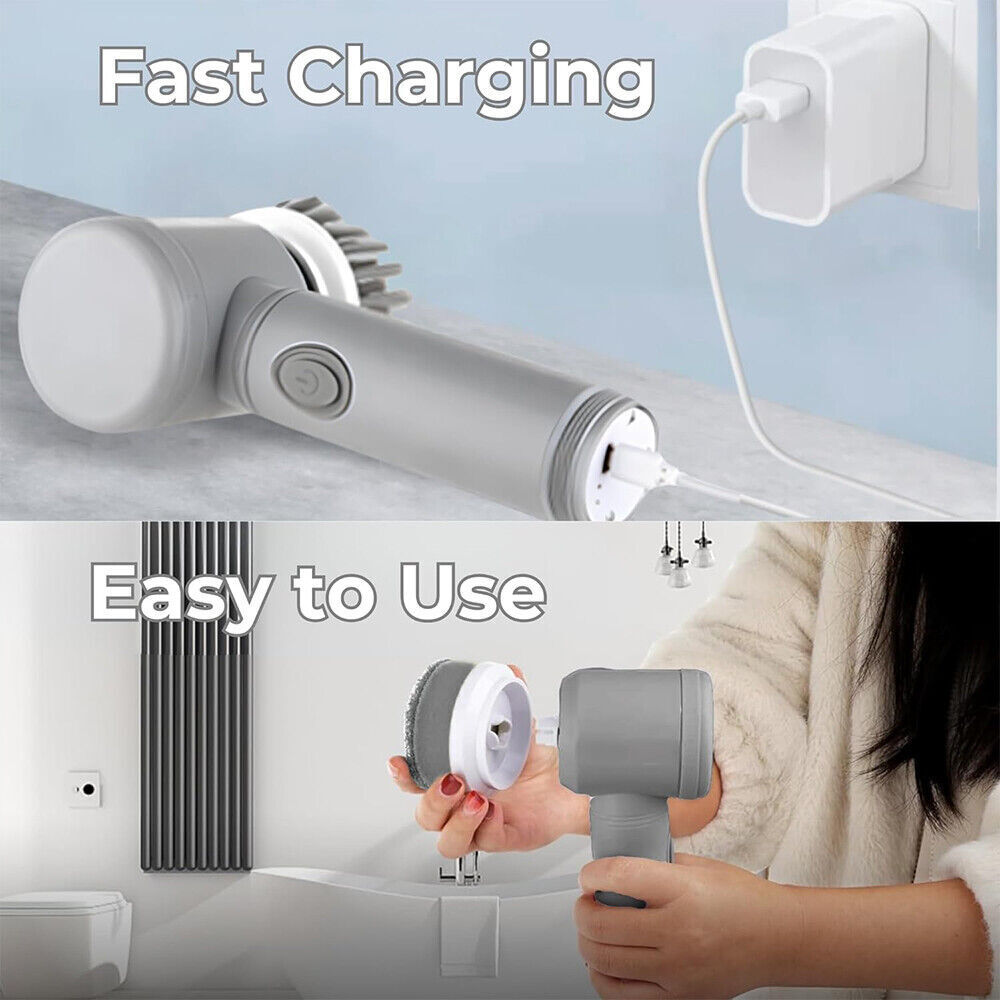 Cleaning tool with charging cable, labeled 'Fast Charging' and 'Easy to Use', on a light blue background.