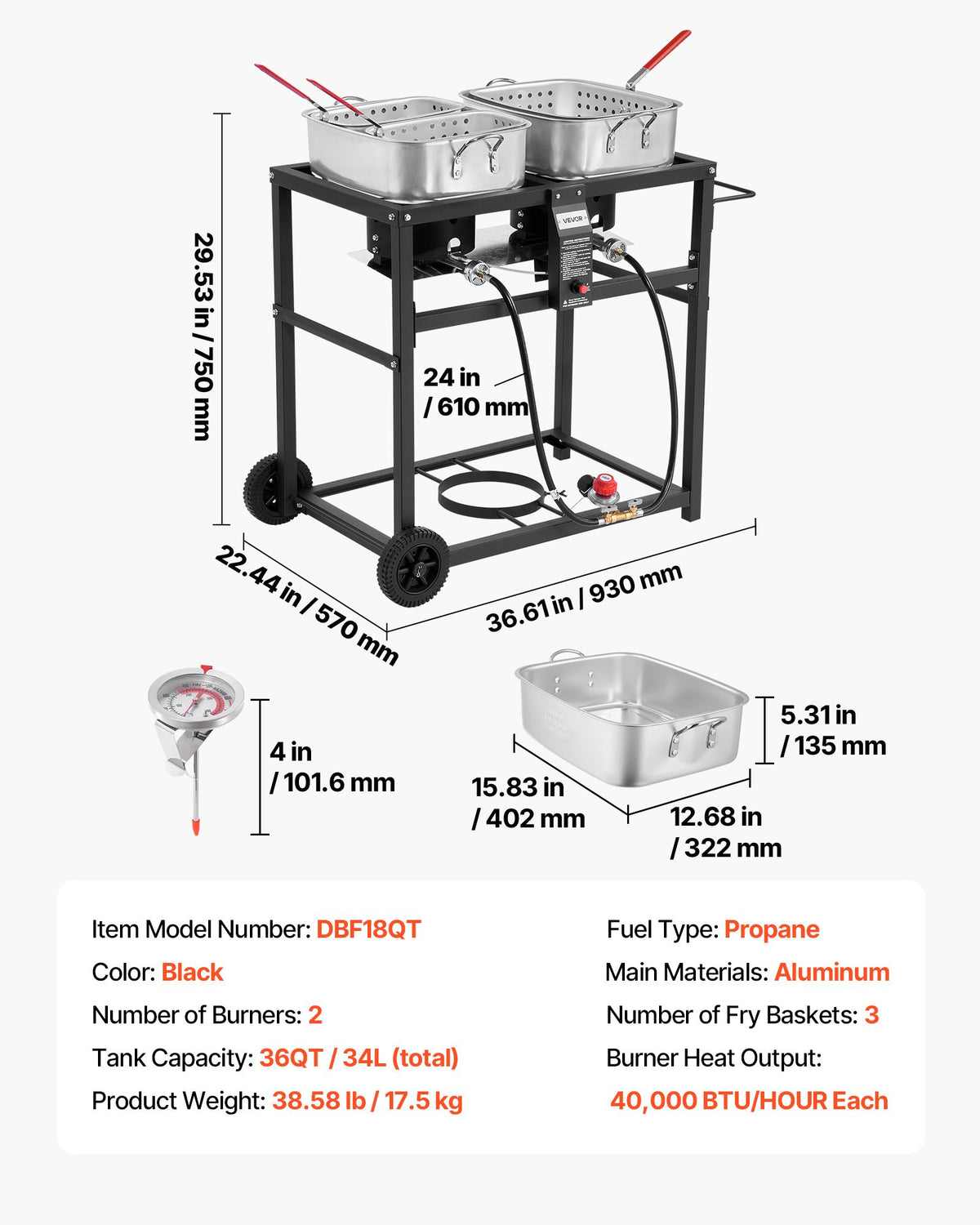 18QT x2 Outdoor Propane Deep Fryer Commercial Cooker Cart With Wheels Two Tank