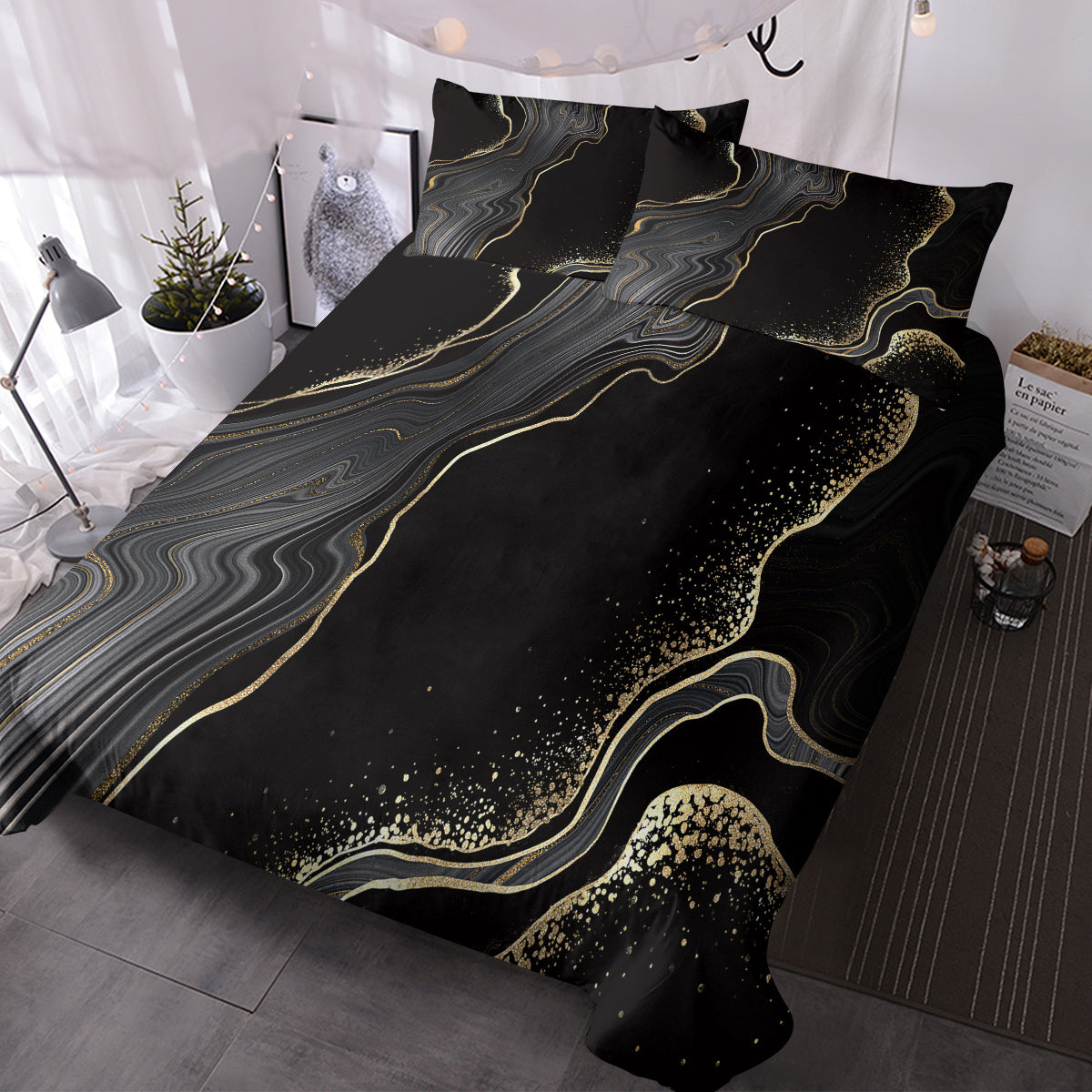 Black Gold Marble Duvet Cover Set – 3 Pcs