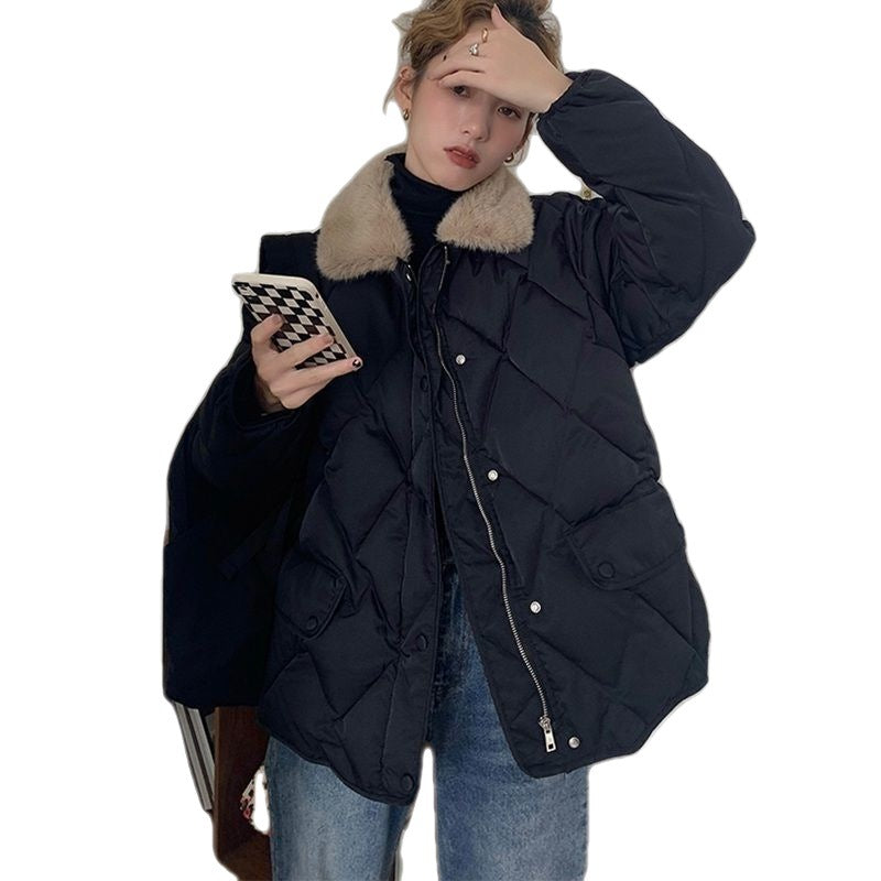 Loose Rhombus Bread Coat Stitching Fur Collar Warm Thickened Cotton-padded Jacket Coat For Women