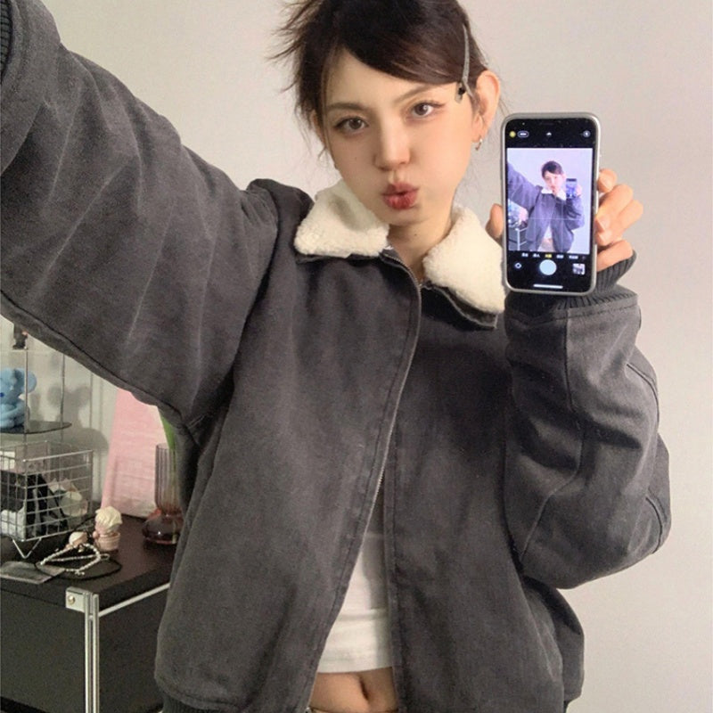 Retro Washed Gray Plush Jacket Mesh Coat For Women