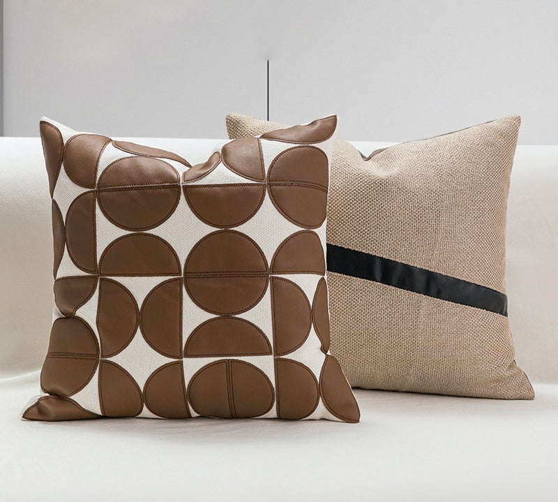 Nordic PU Leather Pillow Geometric Abstract Veneer Stitching Cushion Simple Modern Living Room Backrest Pillow Pillow Cover
