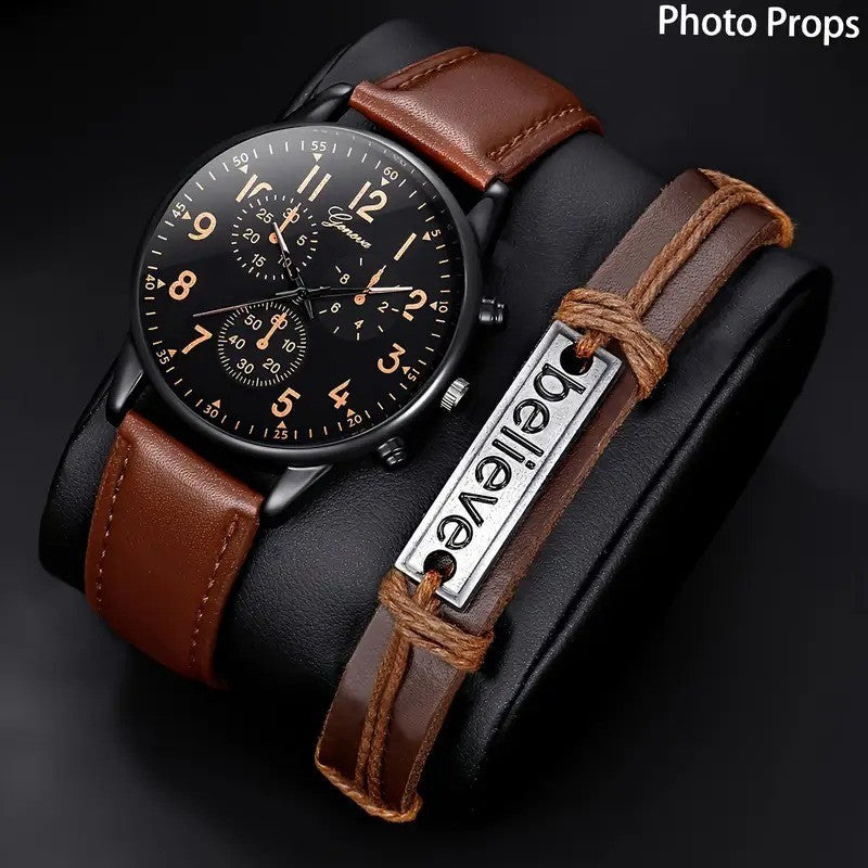 Men's Black Minimalist Quartz Watch Set