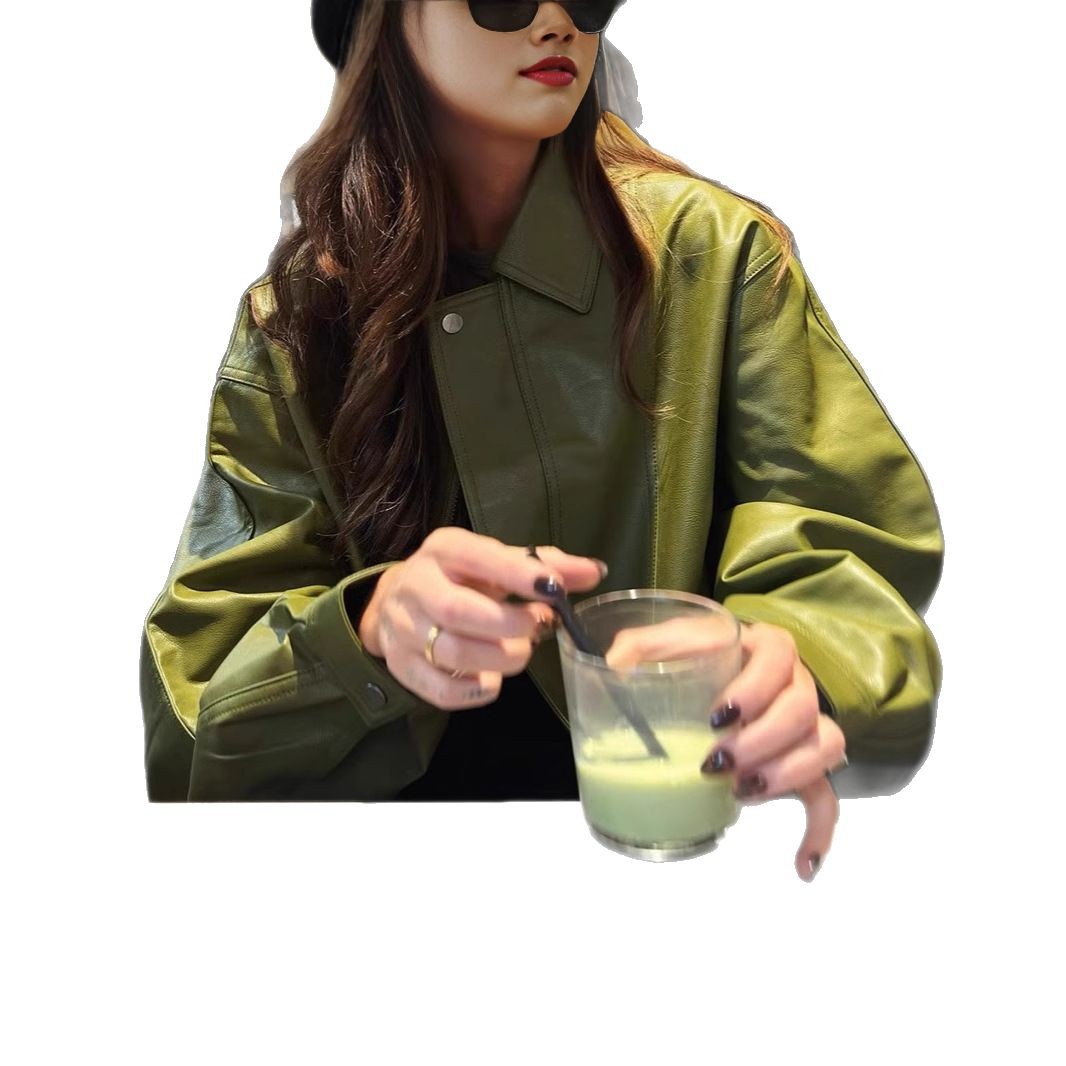 Turn-down Collar Green Leather Jacket Short Coat For Women