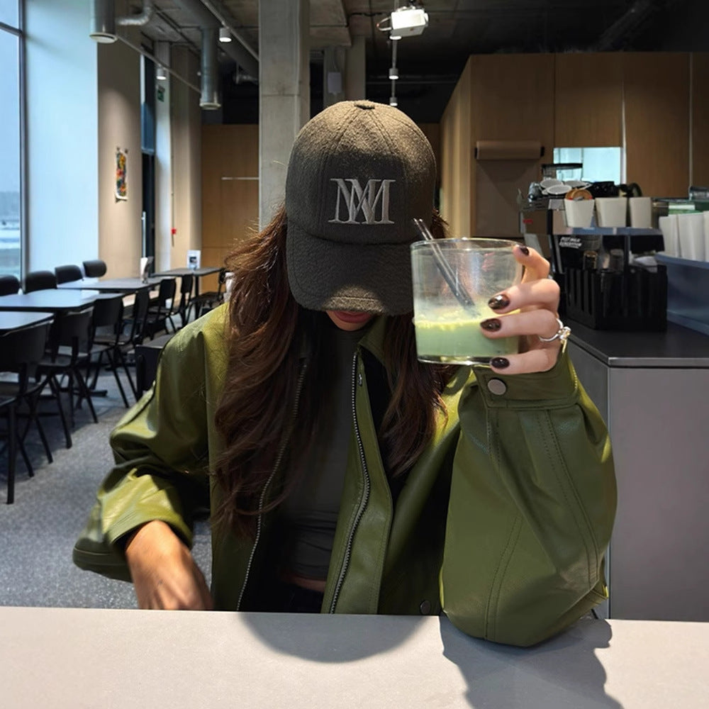 Turn-down Collar Green Leather Jacket Short Coat For Women