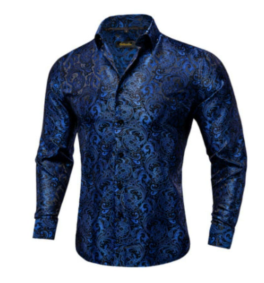 Barry.Wang Teal Paisley Floral Silk Shirts Men Autumn Long Sleeve Casual Flower Shirts For Men Designer Fit Dress Shirt BCY-05