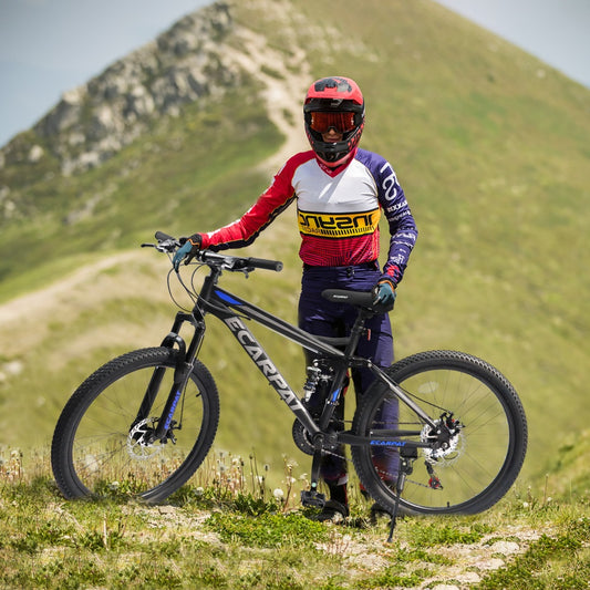 A2460 24 Inch Mountain Bike With Full Suspension, 21 Speed Shifter Lever With Gear Indicator, High Carbon Steel Frame, Mechanical Disc Brakes, Unisex For Men Women Adults, Ideal For Trails.