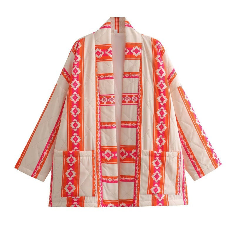 Printed Without Buckle Thin Pocket Cotton Coat Jacket Women