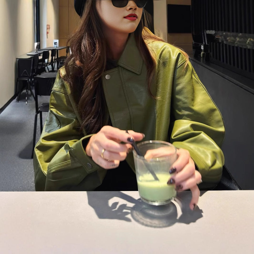 Turn-down Collar Green Leather Jacket Short Coat For Women