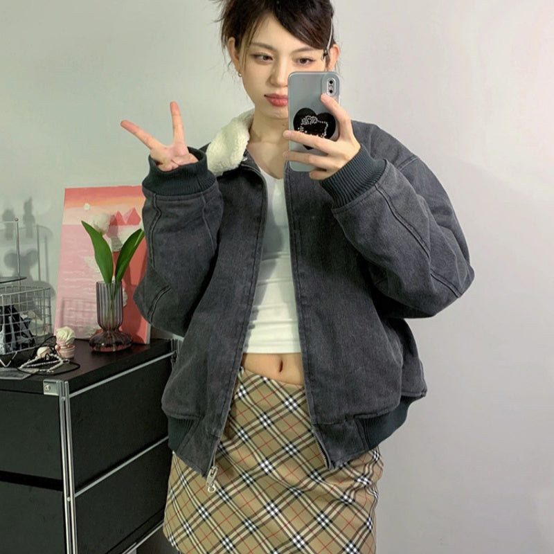Retro Washed Gray Plush Jacket Mesh Coat For Women