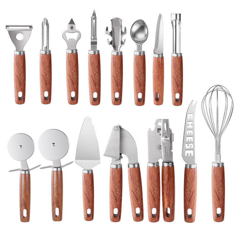 Kitchen Gadget Set Rosewood Bottle Opener Egg Beater Peeler Pizza Shovel Knife Corset Stainless Steel Suit