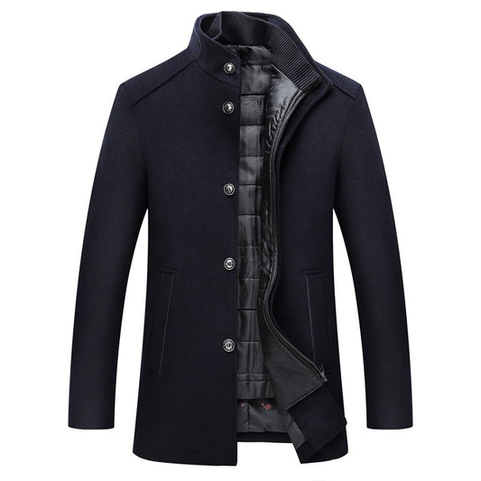 Casual Men's Wool Coat Men's Warm Stand Collar Wool Coat