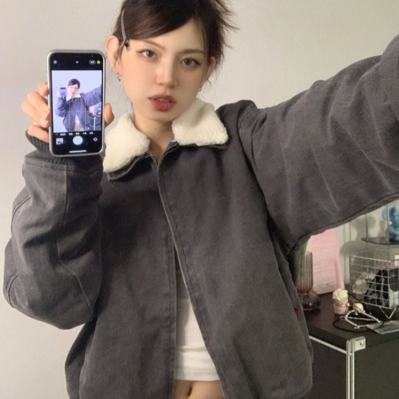 Retro Washed Gray Plush Jacket Mesh Coat For Women