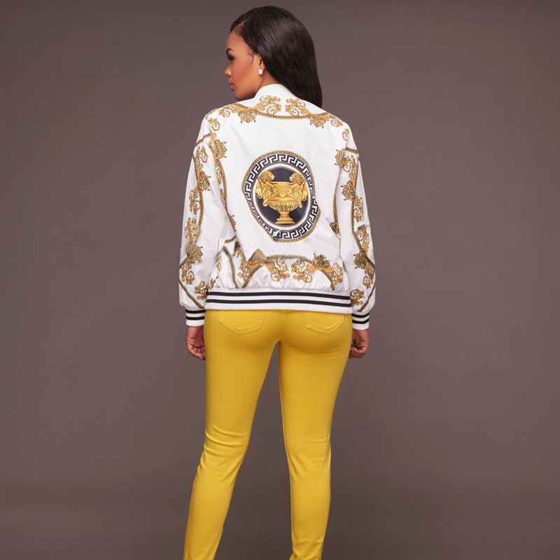 Women Positioning Printed Zipper Jacket Baseball Uniform Collar Coat