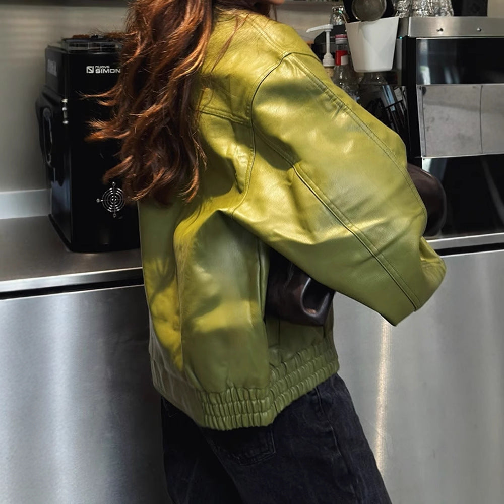Turn-down Collar Green Leather Jacket Short Coat For Women