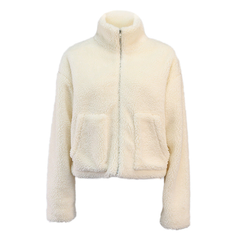 Fashion Plush Cardigan Short Jacket Women Lamb Wool Coat