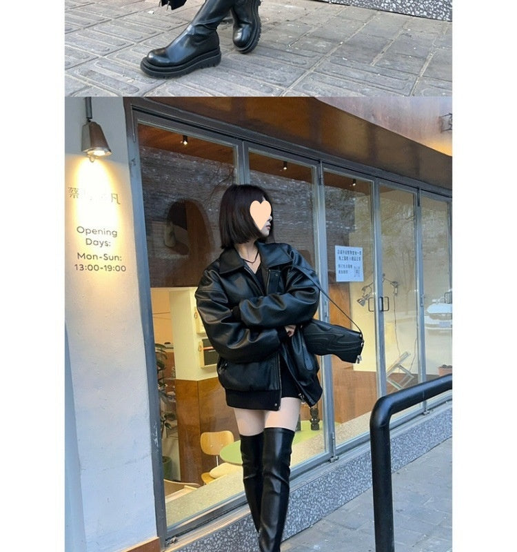 American Retro High-grade Black Leather Jacket Coat Women