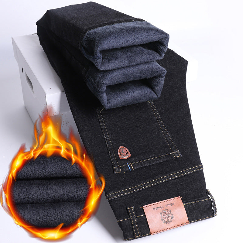 Autumn And Winter Fleece-lined Jeans For Men, Loose Straight Leg