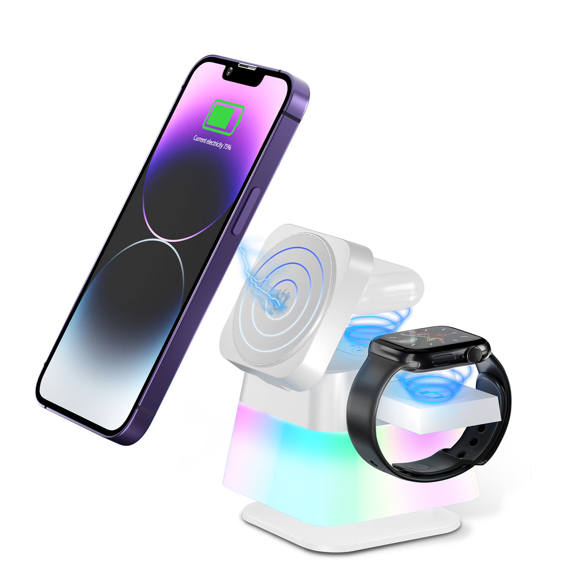 4-in-1 Rotatable Wireless Charger Stand with Colorful Lighting - 15W Fast Charging Station