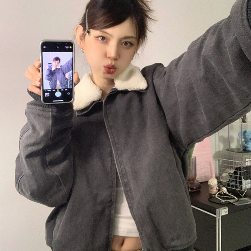 Retro Washed Gray Plush Jacket Mesh Coat For Women