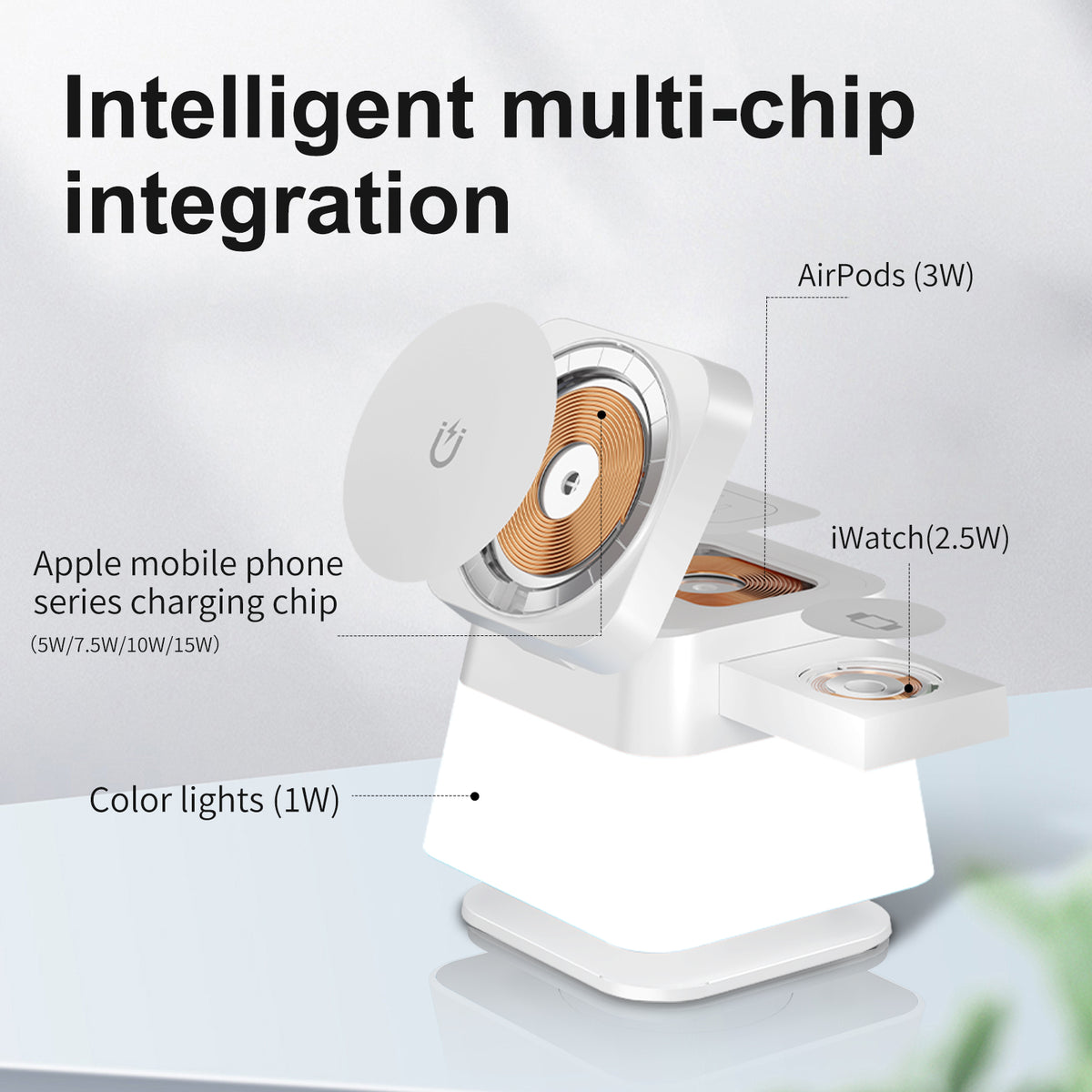 4-in-1 Rotatable Wireless Charger Stand with Colorful Lighting - 15W Fast Charging Station