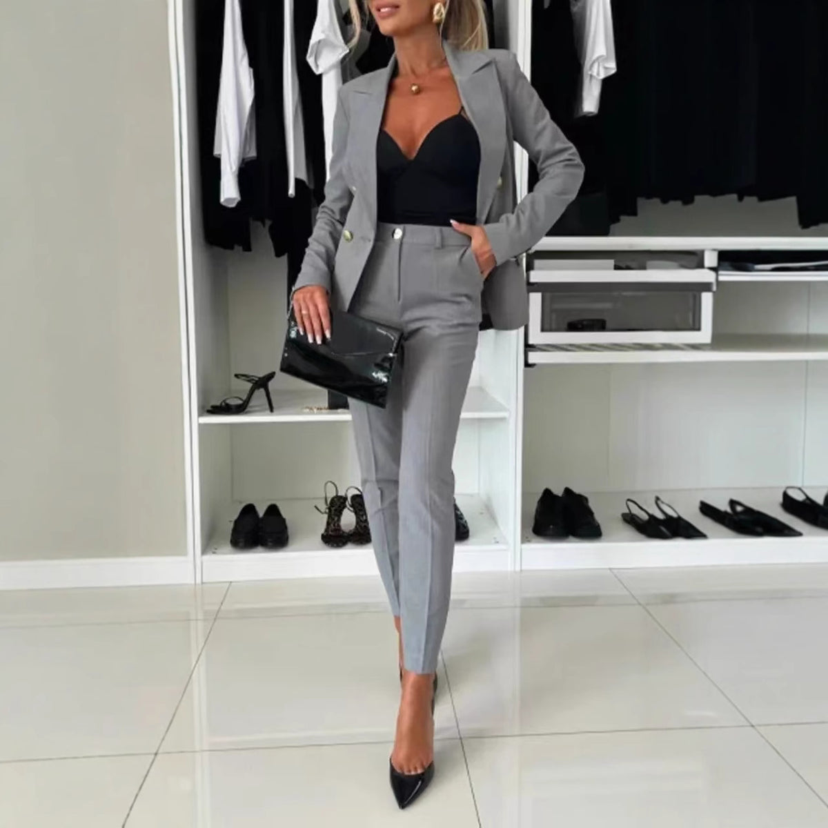 New All-matching Casual Suit Lapel Button-down Jacket And Slim-fit Trousers For Women's Office Business Set Clothing