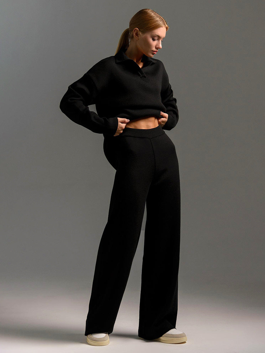 Women's Sweatshirt Suit Casual Collared Long-Sleeved Pullover Top And Loose Straight-Leg Pants Fashion Sport Trousers Set