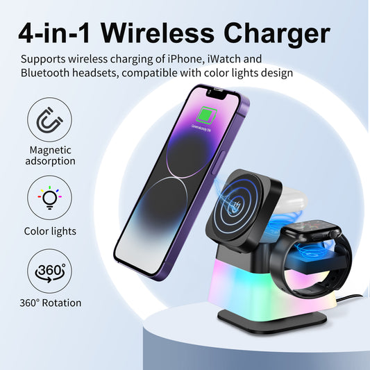 4-in-1 Rotatable Wireless Charger Stand with Colorful Lighting - 15W Fast Charging Station