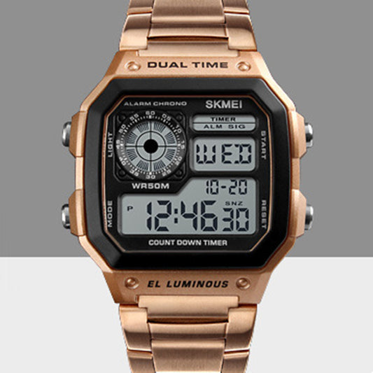 Business steel belt electronic watch double display multi-function sports waterproof watch