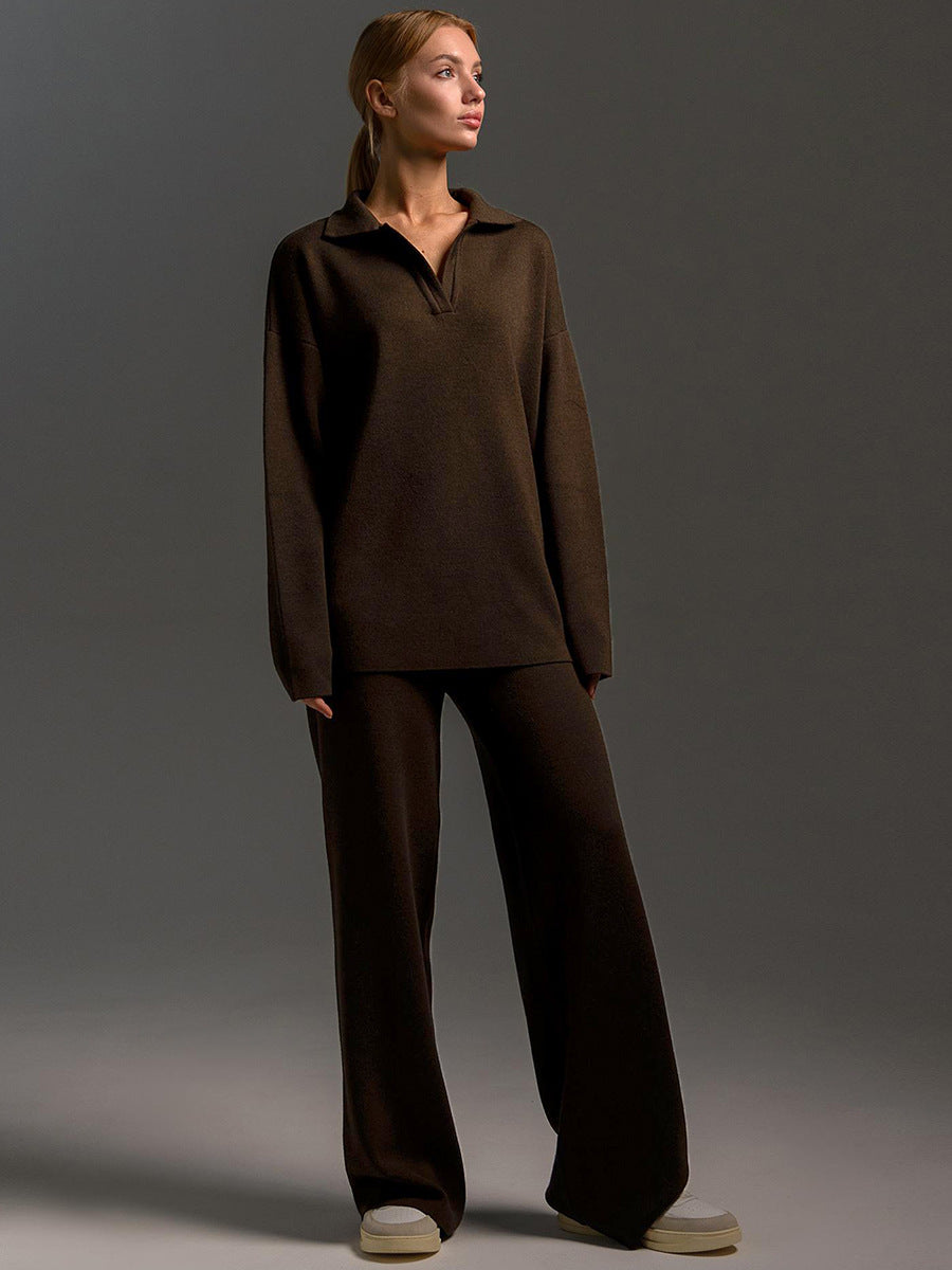 Women's Sweatshirt Suit Casual Collared Long-Sleeved Pullover Top And Loose Straight-Leg Pants Fashion Sport Trousers Set