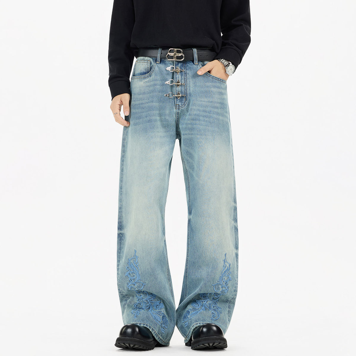American-style Vintage Distressed Loose Straight-leg Bootcut Jeans For Men And Women