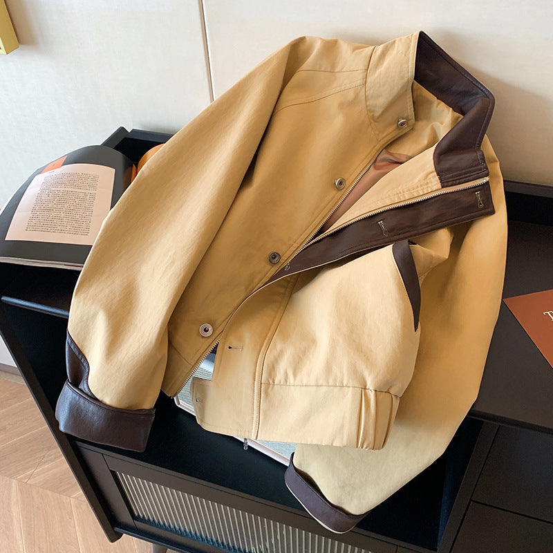 Khaki Leather Patchwork Stand Collar Jacket Short Coat For Women Autumn