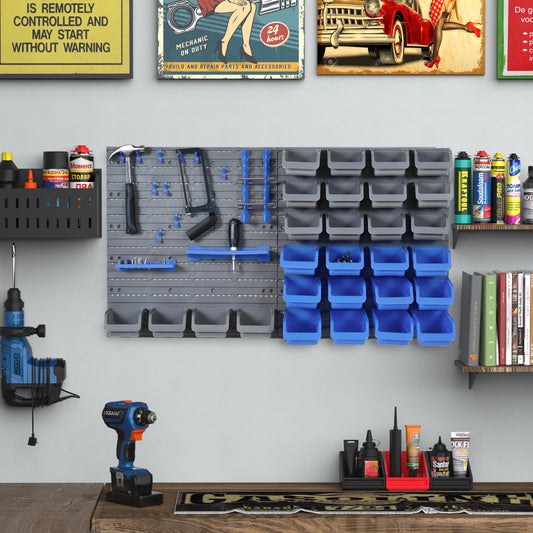 44 PCS Wall Mounted Pegboard Tool Organizer Rack Kit with Various Sized Storage Bins, Pegboard and Hooks, Blue