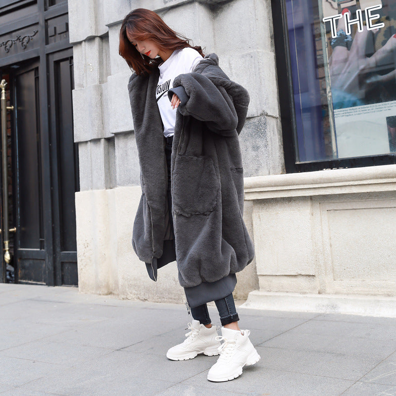 Loose Thick Warm Long Hooded Fur Coat Women Jacket